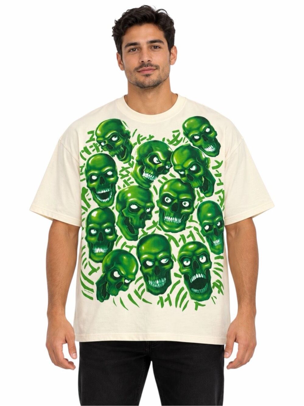 VINTAGE 2001 LIQUID BLUE Skull Pile Shirt Cream All Over Print Green Skulls XXL